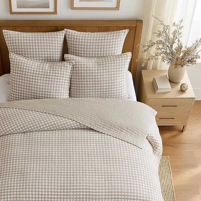 Levtex Home - Camden Gingham Stitch Taupe Quilt Set - Full/Queen Quilt (88x92in) and 2 Standard Shams (20x26in) - Textured Gingham - Taupe and Cream - Reversible - Cotton | Textured