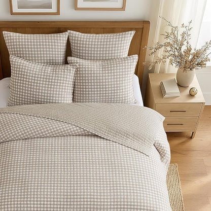 Levtex Home - Camden Gingham Stitch Taupe Quilt Set - Twin Quilt (68x86in) and 1 Standard Sham (20x26in) - Textured Gingham - Taupe and Cream - Reversible - Cotton | Textured