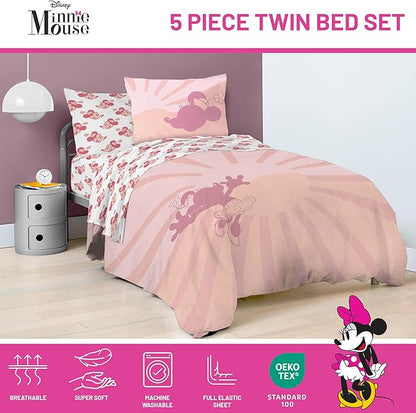 Disney Minnie Mouse Twin Size Comforter Set - 5 Piece Bedding Includes Sheet Set & Pillow Covers - Super Soft Cozy Pink Bedding