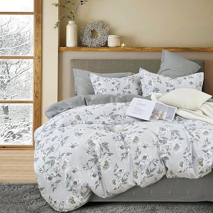 Floral Cotton Comforter Twin Size - Light Grey Comforter Printed with Vintage Ivory Flowers & Dark Yellow Stamens,Reversible Lightweight Bedding Sets 2Pcs(68"×90")