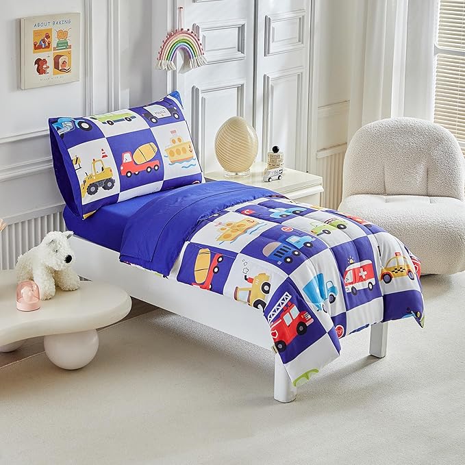 White Navy Toddler Bedding Set for Boys Girls Colorful Cars Vehicle Auto Fire Engine Bulldozer 4PC Toddler Bed Set - Soft Cute Toddler Plaid Patchwork Bed in a Bag with Sheet Set and Pillow Shams