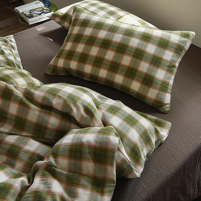 EAVD Vintage Style Gingham Duvet Cover King Soft 100% Muslin Cotton Yarn-Dyed Textured Chic Pink&Green Grid Plaid Bedding Set with 2 Pillowcases British-Style Plaid Duvet Cover with Zipper