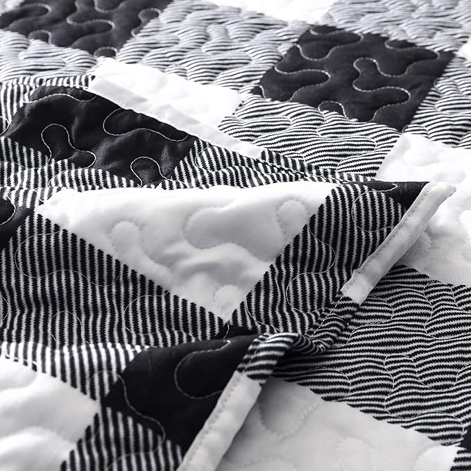 EXQ Home Quilt Set King Size 3 Piece,Lightweight Microfiber Coverlet Modern Style Black and White Squares Pattern Bedspread Set(1 Quilt,2 Pillow Shams)