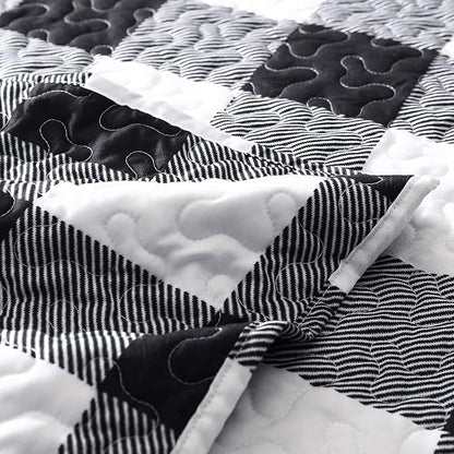 EXQ Home Quilt Set King Size 3 Piece,Lightweight Microfiber Coverlet Modern Style Black and White Squares Pattern Bedspread Set(1 Quilt,2 Pillow Shams)