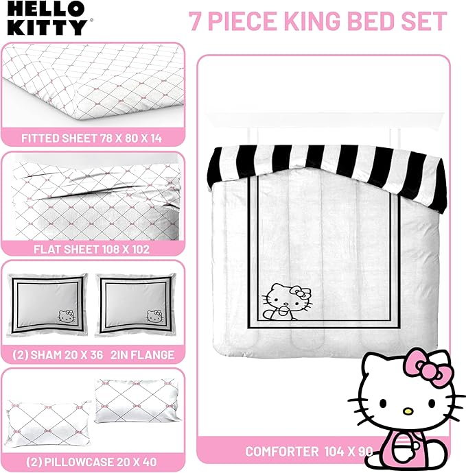 Jay Franco Comforter Set Includes Sheets and Pillow Covers - Soft and Cozy Bed Set for Stylish Room Decor, White - Hello Kity 7 Piece King Size Bedding