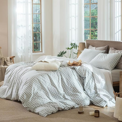 MooMee Gingham Duvet Cover Set 100% Washed Cotton Linen Like Textured Breathable Durable Soft Comfy Modern Checkered Design (Northern Droplet Grey Gingham, Palatial King/Oversized King 120"x98")