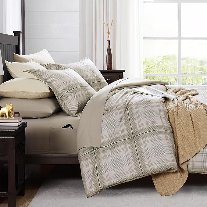 MaiRêve Plaid Full Comforter Sets, Khaki Green Grid Farmhouse Bedding Set Bed in A Bag, Classic Checkered Comforter Sets with Fitted & Flat Sheet, Pillowcases & Shams 80"x90"