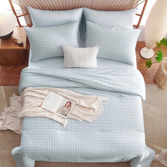 Nayoroom Gingham Comforter Set Queen Size Blue Plaid Checkered Comforter 3 Pieces Soft Lightweight Grid Dorm Bedding Set for All Seasons (1 Comforter, 2 Pillowcases)