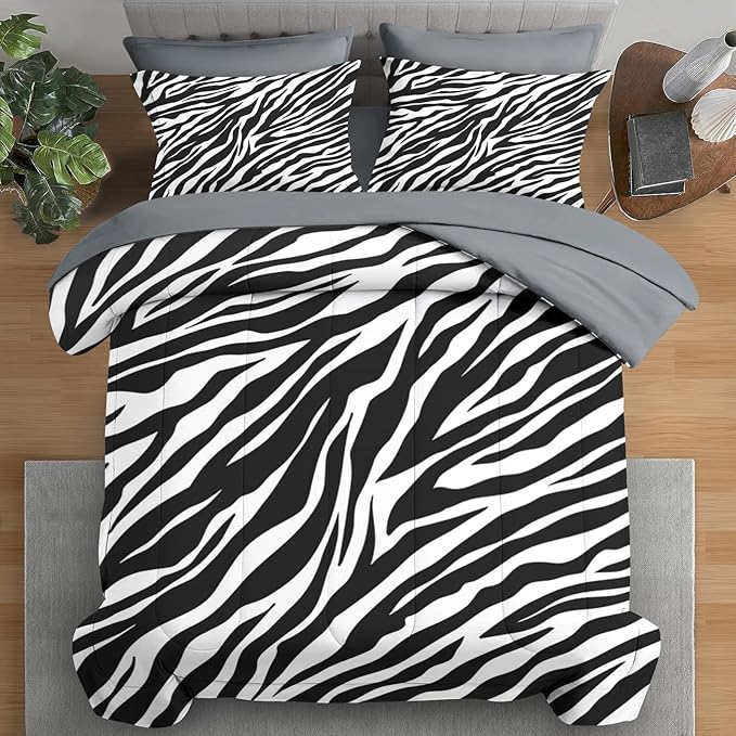 Comforter Set Full Size, Zebra Stripe Animal 7 Pcs Bedding for Kids and Adults, Black White Bed Sheet Sets with Fitted Sheet 2 Pillowcases & 2 Shams for Bedroom Bed Decor