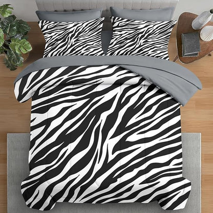 Comforter Set Full Size, Zebra Stripe Animal 7 Pcs Bedding for Kids and Adults, Black White Bed Sheet Sets with Fitted Sheet 2 Pillowcases & 2 Shams for Bedroom Bed Decor