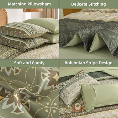 Boho Comforter Set Queen Size,7 Pieces Sage Green Bedding Set Bed in a Bag,Paisley Floral Comfortet and Sheet Set,Soft Striped Bohemian Comforter with Sheet for All Season