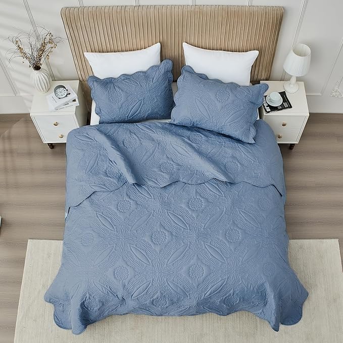 Oversized Cal King Bedspreads 120x120 for Extra Tall Split California King Bed Lightweight Quilted Coverlet Set 3 Pieces 1 Quilt 2 Pillow Shams Faded Denim