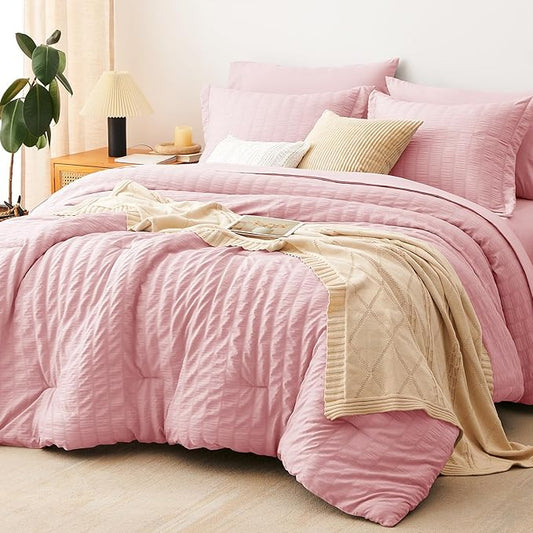 CozyLux Full Size Comforter Sets with Sheets 7 Pieces, Pink Seersucker Bed in a Bag Textured Luxury Soft Bedding Set with Down Alternative Comforter, Sheets, Pillowcases & Shams for All Season