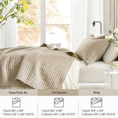 Comfort Spaces Queen Quilt Set Modern Reversible Plaid Coverlet Queen Bedding Set Cozy Quilted Winter Layer, All Season Lightweight Soft Queen Size Quilt, Kienna, Full/Queen Beige 3 Piece