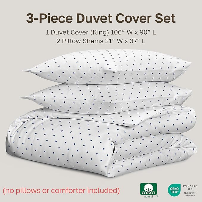 California Design Den Printed King Size Duvet Cover Set - 400 Thread Count 100% Cotton Sateen, Comforter Cover and 2 Pillow Shams, Button Closure and Corner Ties (3 Piece, Polka Dot)