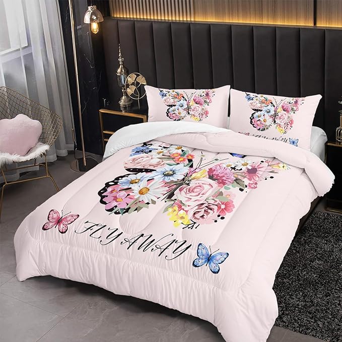 Pink Floral Butterfly Tower Comforter Set Queen Girl Butterfly Bedding Sets 3PCS for Kids Teen Adult Girl Room Decor Ultra-Soft Lightweight Microfiber 1 Comforter with 2 Pillowcases