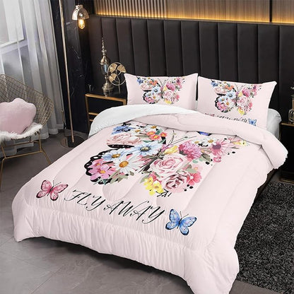 Pink Floral Butterfly Tower Comforter Set Queen Girl Butterfly Bedding Sets 3PCS for Kids Teen Adult Girl Room Decor Ultra-Soft Lightweight Microfiber 1 Comforter with 2 Pillowcases