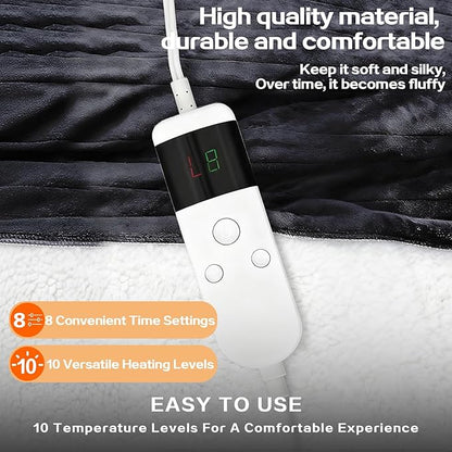 Electric Heated Blanket Throw Size 50''x60''-Control Heating Blanket, Soft & Warm Flannel 10-Level Temperature Control, 8 Hours Auto Off, Rapid Heating & Overheat Protection