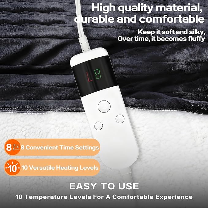 Electric Heated Blanket Twin Size 62''x84'' -Control Heating Blanket, Soft & Warm Flannel 10-Level Temperature Control, 8 Hours Auto Off, Rapid Heating & Overheat Protection