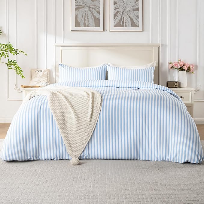 ROSE&RISY Blue King Duvet Cover Set, 3 Pieces Soft Bedding Set, Breathable and Cooling,Includes 1 Duvet Cover, 2 Pillow Cases (Blue Stripe, King)