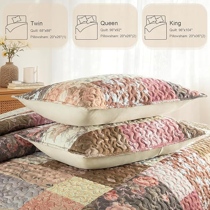 Whale Flotilla Patchwork Quilt Twin Size, Soft Boho Floral Bedspreads for Bed Reversible Lightweight Twin Quilt Bedding Set Coverlets with 1 Pillow Sham for All Seasons, Vintage Red Flowers