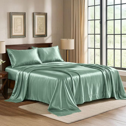 Pure Bedding Satin Sheets Twin [3-Piece, Champagne Green] Hotel Luxury Silky Bed Sheets - Extra Soft 1800 Microfiber Sheet Set, Wrinkle, Fade, Deep Pocket Fitted Sheet, Flat Sheet, Pillow Cases