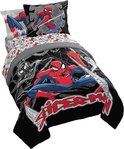 Jay Franco Kids Comforter Set Includes Sheets and Pillow Covers - Soft and Cozy Bed Set for Stylish Room Decor, Black - Spiderman, 7 Piece Full Bedding