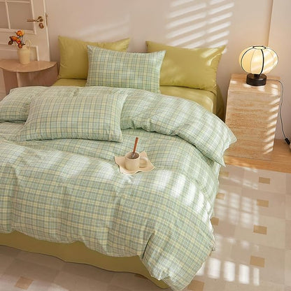 EAVD Green Gingham Duvet Cover Queen Size Washed Cotton Bedding Set 3 Pieces Multicolor Grid Plaid Duvet Cover with 2 Pillowcases Modern Farmhouse Gingham Bedding Set with Zipper Closure