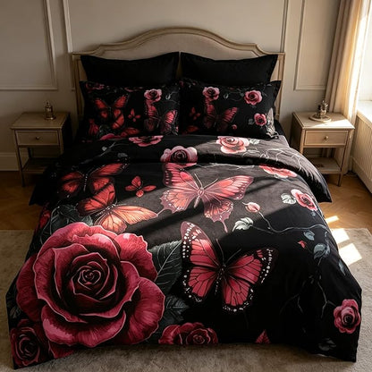 Vintage Floral Comforter Set Queen Size, Black Black Red Floral Bedding Set for Gothic Bedroom Decor, 3 Pieces Soft Microfiber Lightweight Comforter Set with 2 Pillowcases, 90"x90"