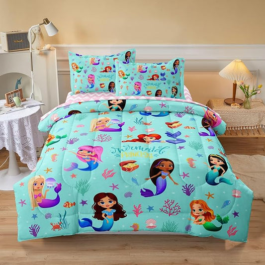 Kids Twin Comforter Set with Sheets for Girls 5-Piece Complete Set Easy-Wash Super Soft Microfiber Comforter Bedding, Mermaid Bed Set Twin Size