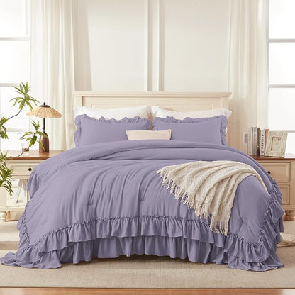 Andency Grayish Purple Comforter Set Queen Size, Lightweight Fluffy Farmhouse Ruffle Bedding Set, Soft Polyester All Season Shabby Chic Bed Comforter Set 3 Pieces(1 Comforter 2 Pillowcases)