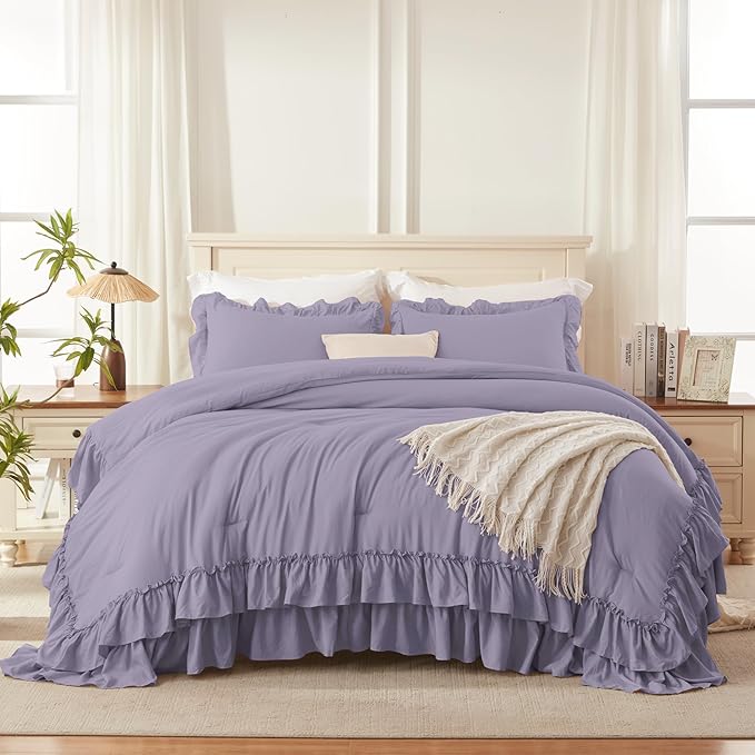 Andency Grayish Purple Ruffle Comforter Set King, Shabby Chic Farmhouse Bedding Comforter, Soft Lightweight Fluffy Polyester Bet Set All Season 3 Pieces Solid Comforter Set
