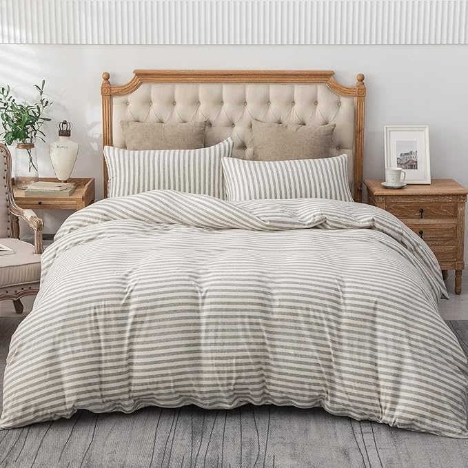 PURE ERA Jersey Knit Duvet Cover Set 100% T-Shirt Heather Cotton Super Soft Comfy Classic Striped Design, with Zipper Closure, Grey & White Stripe, Full