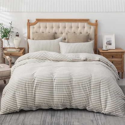 PURE ERA Jersey Knit Duvet Cover Set 100% T-Shirt Heather Cotton Super Soft Comfy Classic Striped Design, with Zipper Closure, Grey & White Stripe, Full