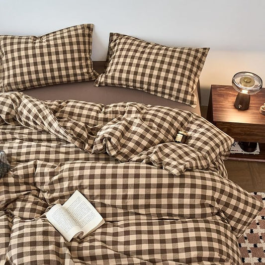 EAVD Vintage Style Brown&Beige Plaid Duvet Cover Set Full Soft 100% Washed Cotton Like Linen Feel 3-Piece Checkered Gingham Duvet Cover with 2 Pillowcases Retro Buffalo Plaid Bedding Set with Zipper