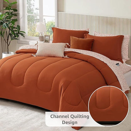 Monbix King Size Comforter Set - 7 Pieces Bed in a Bag King, Burnt Orange Track Stitching Bedding Sets, All Seasons Comforter Bed Set with Sheets