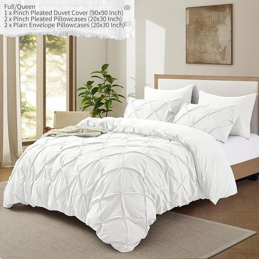 VACVELT 5 Piece Pinch Pleated Duvet Cover Full/Queen Size Set, White Pintuck Duvet Cover with Zipper & 8 Ties, Shabby Chic Microfiber Duvet Cover + 2 Pillow Shams + 2 Pillowcases, No Comforter
