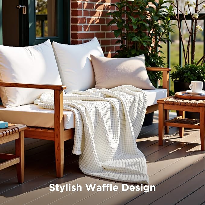 Bedsure Cooling Cotton Waffle Weave Throw Blanket - Lightweight Breathable Blanket of Rayon Derived from Bamboo for Hot Sleepers, Luxury Throws for Bed, Couch and Sofa, Ivory, 50x70 Inches