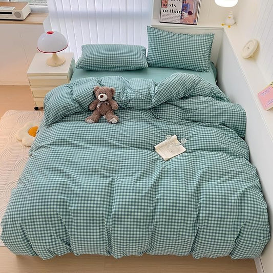 LifeTB Queen Comforter Set Green Gingham Bedding Comforter Modern Style Checkered Pattern Comforter Set Green Blue Grid Plaid Bedding Comforter Lightweight Fluffy Soft Gingham Grid Bedding Set