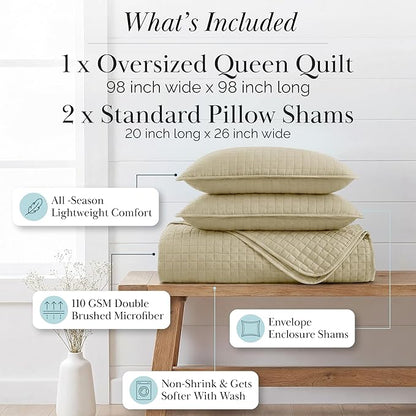 Southshore Fine Living, Inc. Full/Queen Quilt Set with 2 Matching Pillow Shams, Lightweight Full Size Quilt Coverlet, Easy Care, Machine Washable Queen Size Bedspread, Taupe