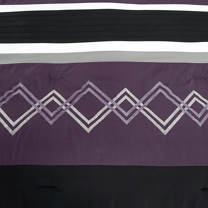 Chezmoi Collection Arden 7-Piece Modern Pleated Stripe Embroidered Zigzag Bedding Comforter Set (Full, Purple/Black/Gray/White)