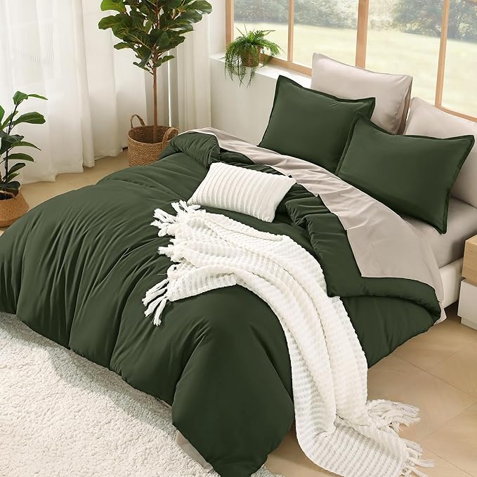Litanika Comforter California King Size Set Olive - 7 Pieces Bed in a Bag California King Beddding Comforter Sets, Plain Lightweight Bed Set with Comforter, Sheets, Pillowcases & Shams