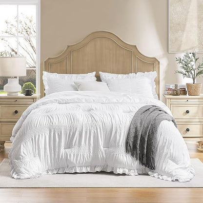 QUIETSEA King Comforter Set Seersucker 7 Pieces Luxury Ruffle Bed in a Bag King Size for All Season White Bedding Set with Comforter, Pillowcases, Flat Sheet, Fitted Sheet and Pillow Shams