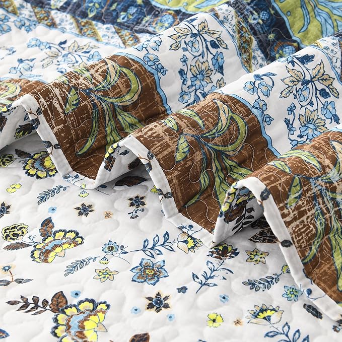 HORIMOTE HOME Boho Style Twin Size Quilt Set Green Bohemian Floral Strip Quilt Beddding Set, Soft and Lightweight Bedspread for All Season,XL Twin Bed Coverlet with 1 Matching Pillow Sham (2 Pieces)
