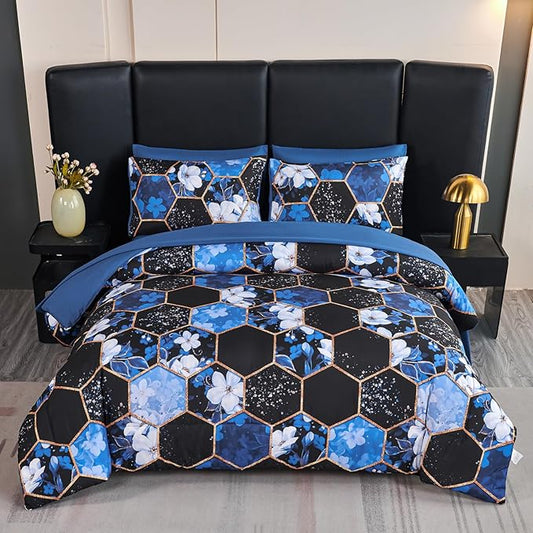ANGIYUIN 7 Pieces Blue Black Full Size Bedding Sets Marble Comforter Set White Floral Bedding Comforter Sets Gold Geometric Bed in A Bag with Sheets for Women Men