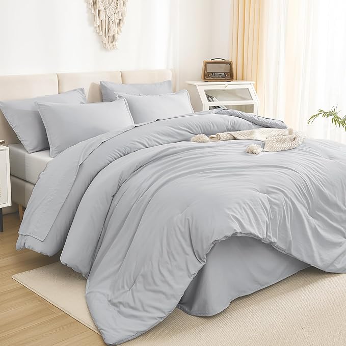 Litanika Oversized King Comforter Sets Light Grey - 7 Pieces Bed in a Bag Oversized King Bedding Comforter Sets, Solid Lightweight Bed Set with Comforter, Sheets, Pillowcases & Shams