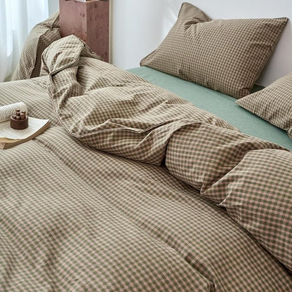 Gingham Queen Duvet Cover Set Sage Green Washed Cotton Queen Size Comforter Cover Plaid Checkered Country Zipper Duvet Cover Set with Corner Ties Boho Soft Bedding Set for Boys Duvet Protector