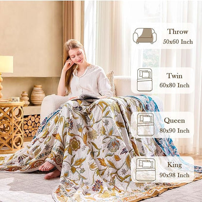 Fall Throw Blanket for Couch, Brown Boho Decorative Throw Blanket, 100% Cotton Muslin Breathable Woven Farmhouse Blankets Quilt, 80"x90" Reversible Lightweight Blankets Bohemian Throw Quilt