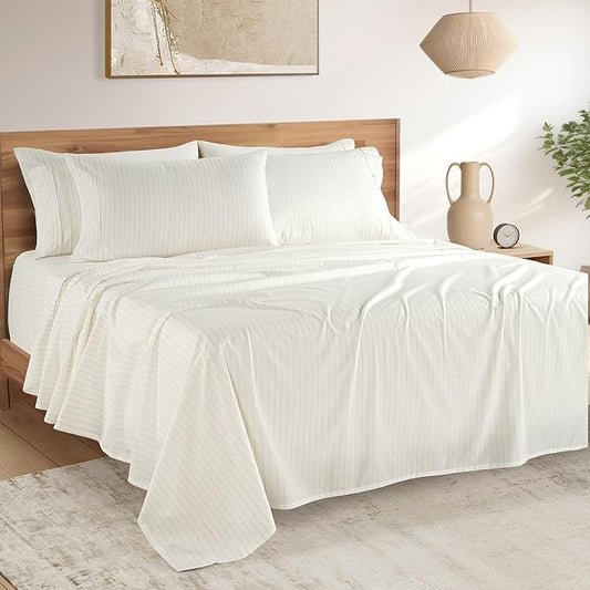 Casa Platino Sheets Cal King Size Bed Set – 100% Cotton Sheet Set Cal King Crisp Percale Weave with 4 Pillowcases, with 15" Deep Pocket Fitted Sheet for Secure Fit, Ultra Soft & Breathable – Sandora