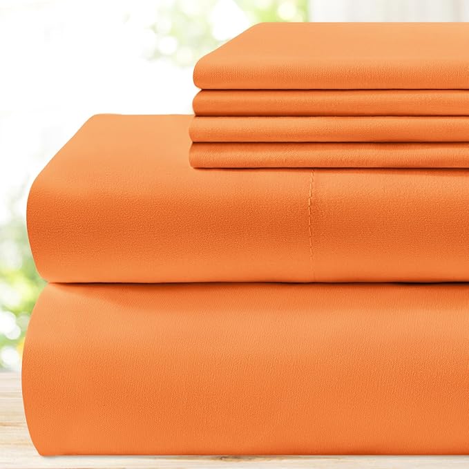 BYSURE 6 Pieces Bed Sheets Set(Full, Orange Apricot) - Hotel Luxury Super Soft 1800 Thread Count 100% Microfiber Sheets with Deep Pockets, Wrinkle & Fade Resistant